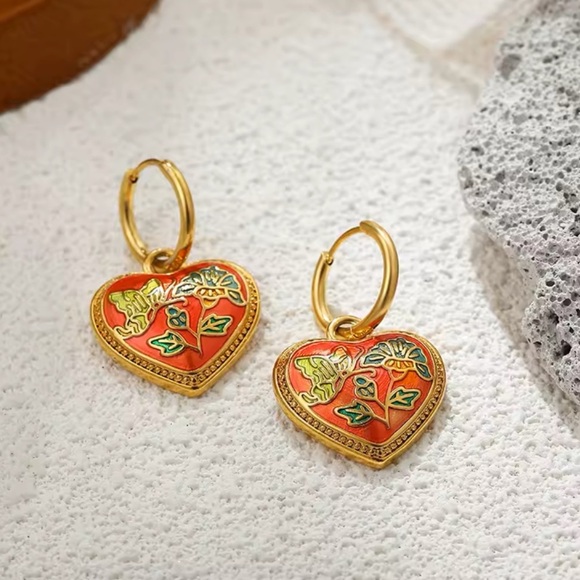 Vintage Ethnic Red Enamel 18K Gold Stainless Steel Gold Heart Earrings - Picture 5 of 8